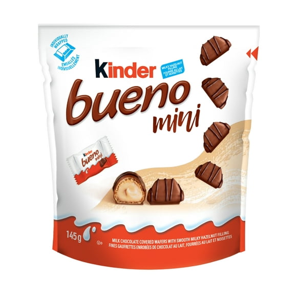 Minibarres KINDER BUENO au chocolat au lait et à la crème aux noisettes 27 chocolats emballés individuellement par sachet (145g)