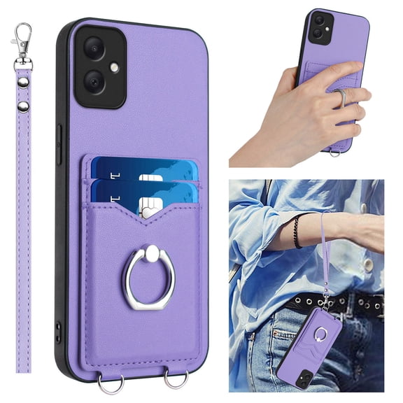 for Samsung Galaxy A05 Case, Card Holder Wallet Case, Ring Holder Stand, Wrist Hand Strap, PU Leather Anti-Scratch Shockproof Protective Flip Phone Cover for Samsung Galaxy A05 Case, Purple