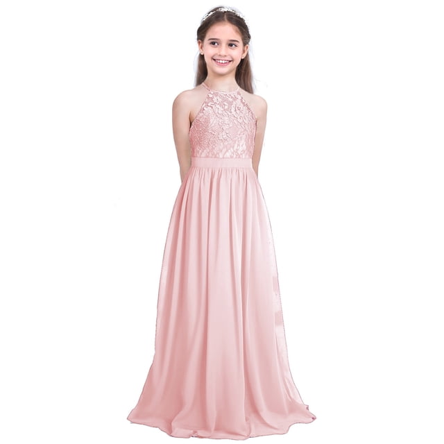 TiaoBug Robe Maxi Longue en Mousseline à Col Licou pour Filles Enfants, Fête, Junior, Mariage, Soirée, Bal, Rose Perle 14
