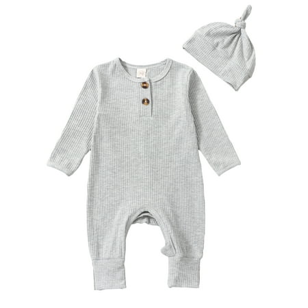 

Wallarenear Baby Boy Girl Romper Hat Ribbed Knit Long Sleeve Button Solid Bodysuit Jumpsuit
