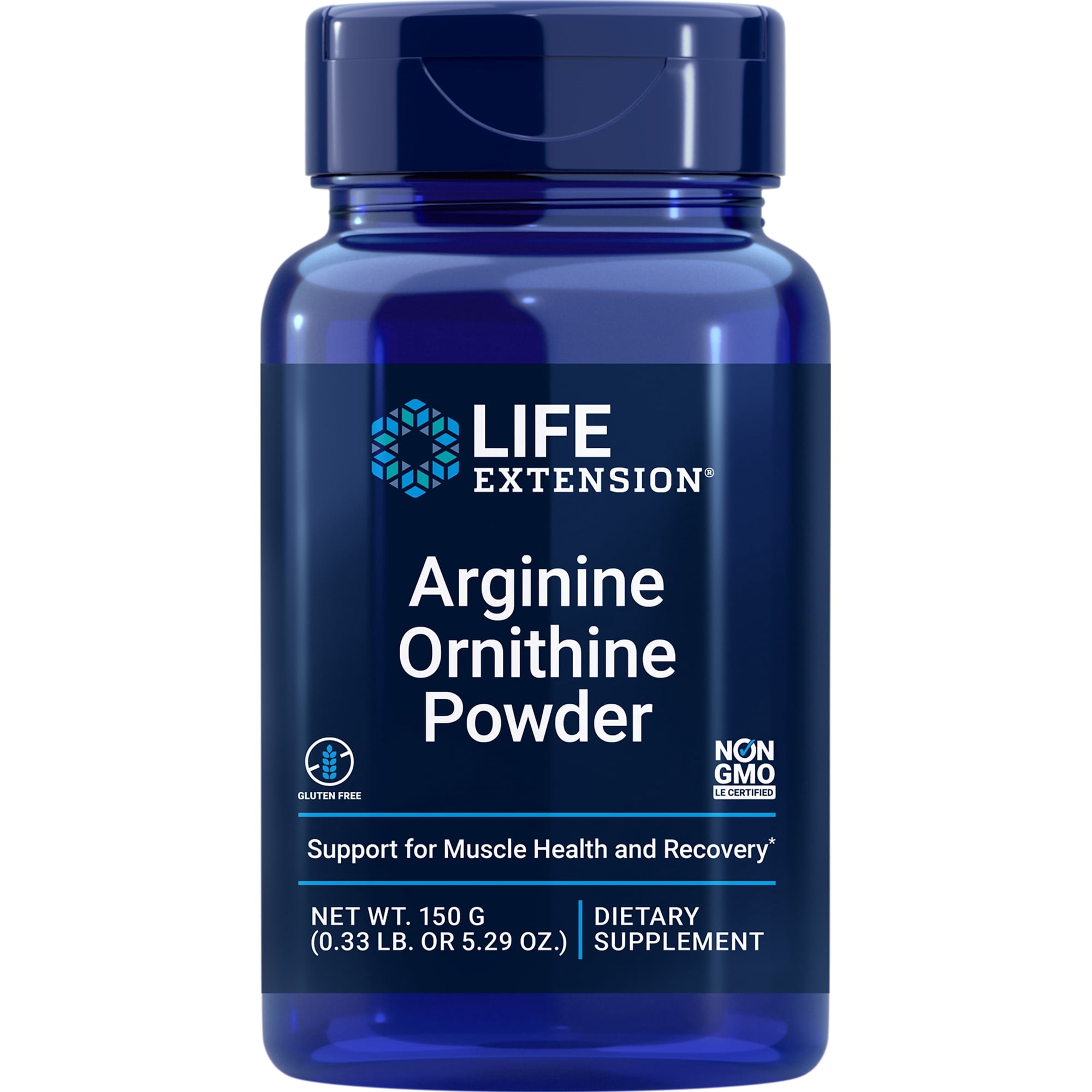Life Extension Arginine Ornithine Powder, promotes muscle health & recovery, gluten free, non-GMO, net weight 150 grams