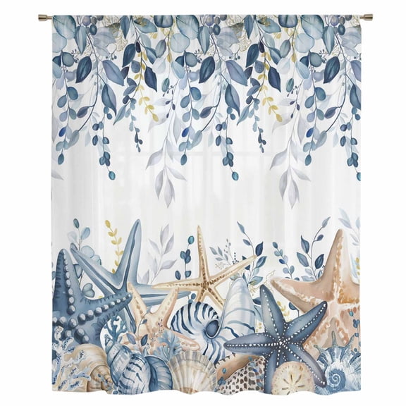 Blue Eucalyptus Coastal Sheer Curtains 96" Long, Beach Starfish Shell Nautical Light Filering Curtains, Privacy Drapes Simi Floor to Veiling Curtain for Living Room Bedroom Large Window Treatment