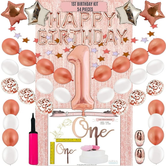 SPSS INNOVATIVE girl 1st birthday decoration, baby girl 1st birthday, one year old girl birthday, girl rose gold party decorations, birthday balloons, mylar, cake topper, confetti balloons, pump