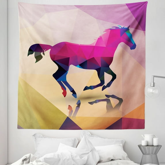 Abstract Tapestry, Shaded Geometric Abstract Horse Animal Pattern Indie Novelty Print, Fabric Wall Hanging Decor for Bedroom Living Room Dorm, 5 Sizes, Cream Pink Purple, by Ambesonne