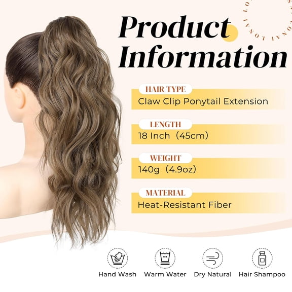 WEIF-Ponytail Extension, 18" Wavy Claw Clip Ponytail Extensions ZJ001 Curly Wavy Claw Clip in Ponytail Hair Extensions Synthetic Fake Pony tails Hairpieces-Dark Ash Blonde with Hightlights