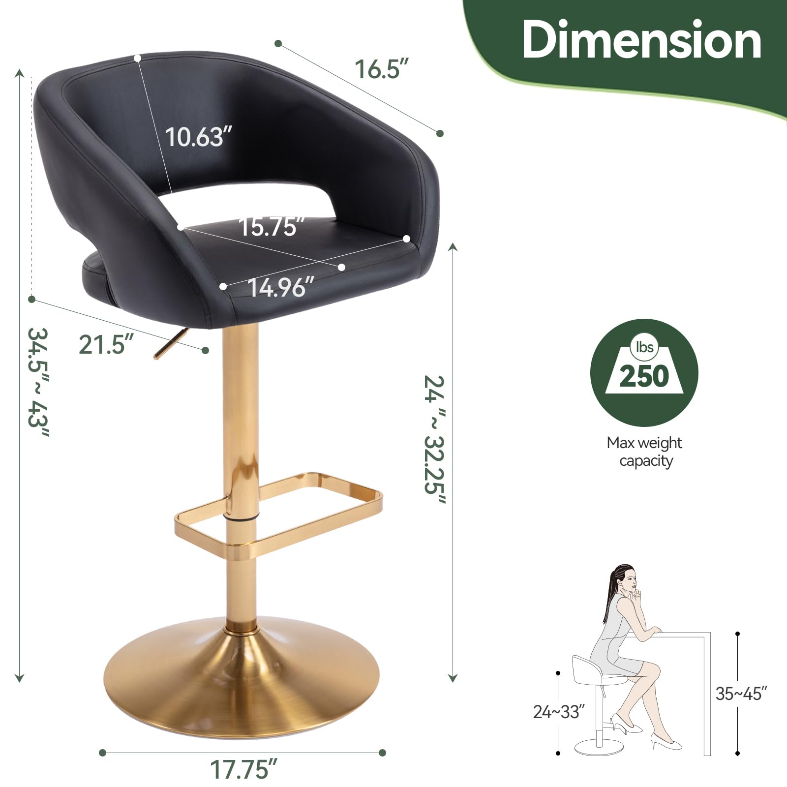 PU Leather Bar Stools, Adjustable Height 24."-32.25, Swivel Barstools with Back & Footrest, Upholstered Bar Chairs for Kitchen Island, Dining Room, Home Bar (Black, Gold Base)