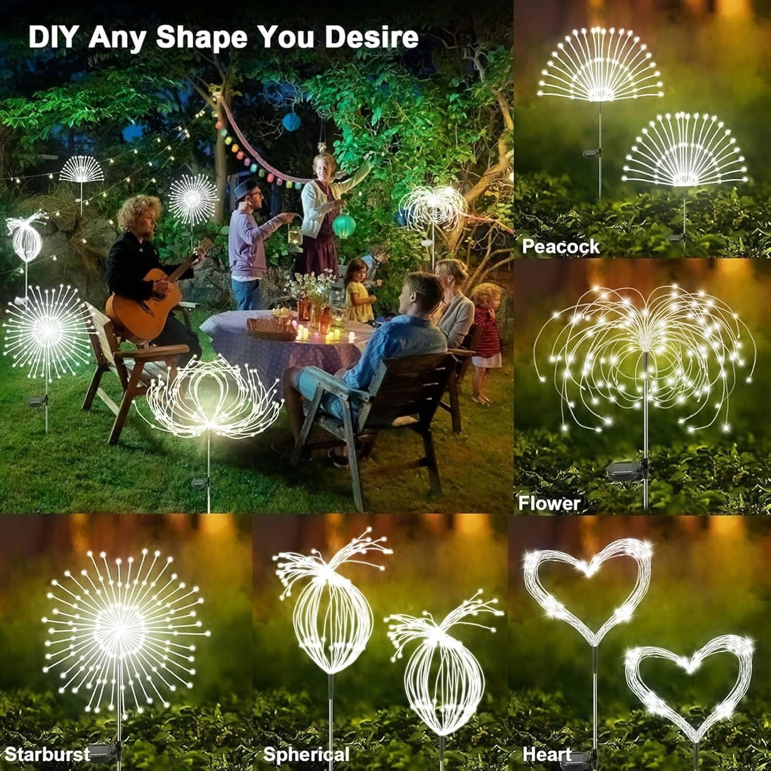 Solar Garden Firework Lights Outdoor Waterproof, 2 Pack Solar Powered Art Stake Twinkle Lighting for Outside Decor, 120 LED Sparklers String Lights for Yard Pathway Decorations(White)