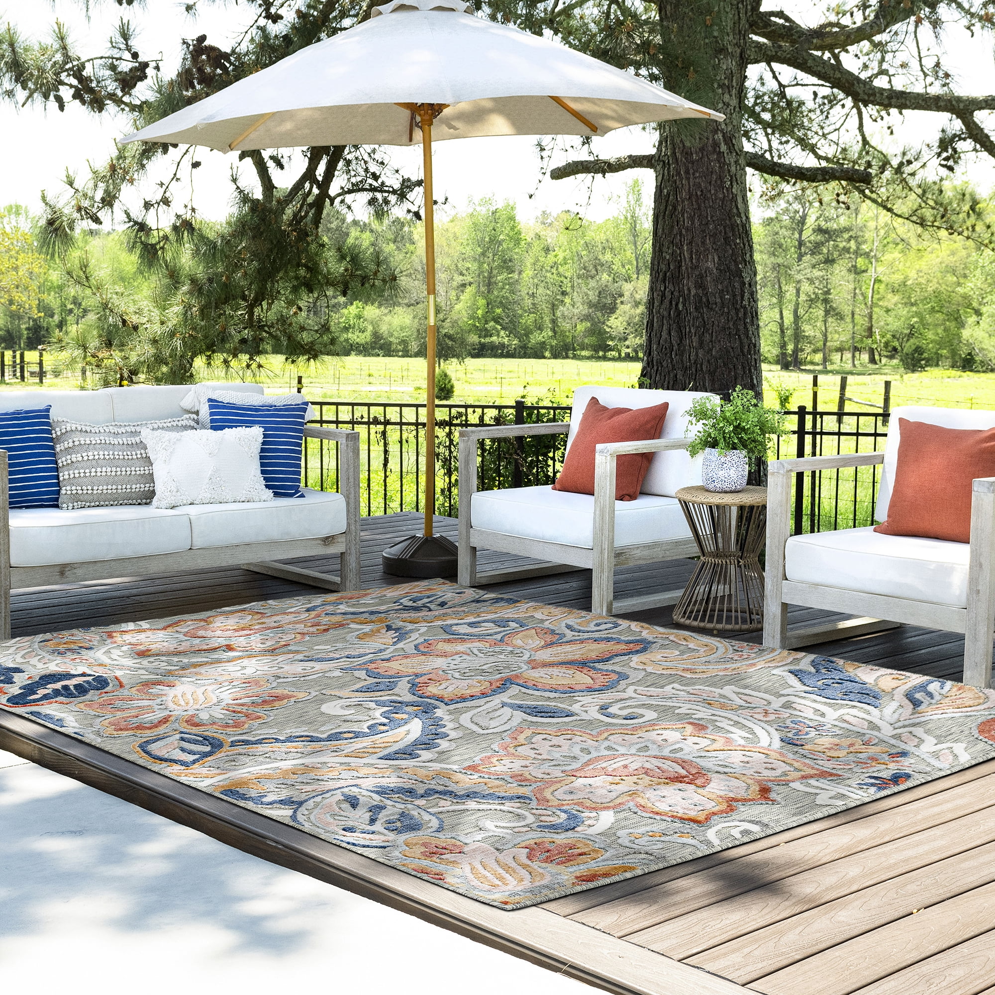 8x10 Water Resistant, Large Indoor Outdoor Rugs for Patios, Front Door Entry, Entryway, Deck, Porch, Balcony | Outside Area Rug for Patio | Gray, Floral | Size: 7'7'' x 10'3''