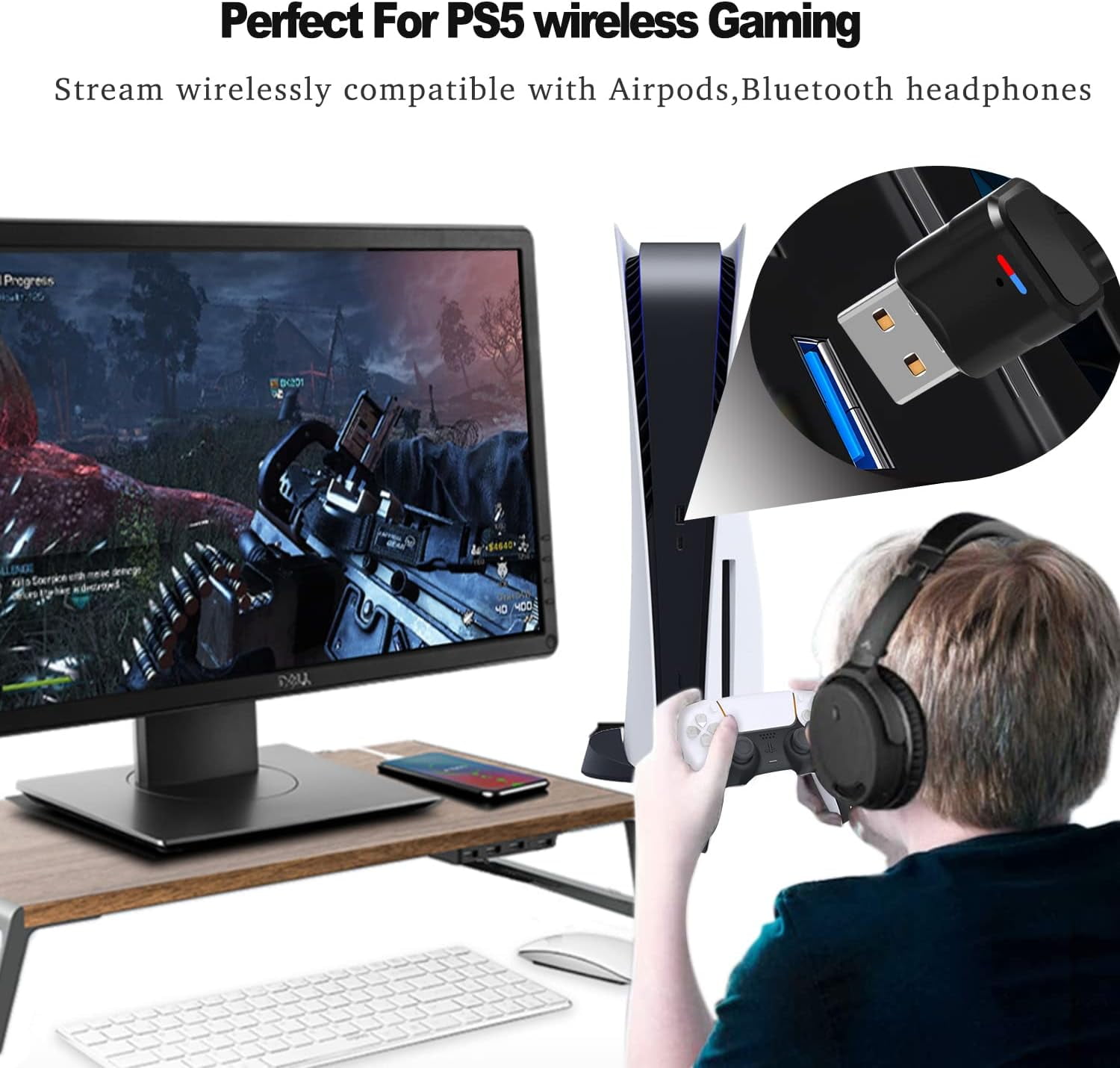 Bluetooth Audio Adapter for PS5 - Uberwith Bluetooth Dongle 5.0 Adapter for PS5/PS4/Windows 10/8/7/XP Compatible with Airpods, Headset, Speaker - USB Bluetooth 5.0 Dongle