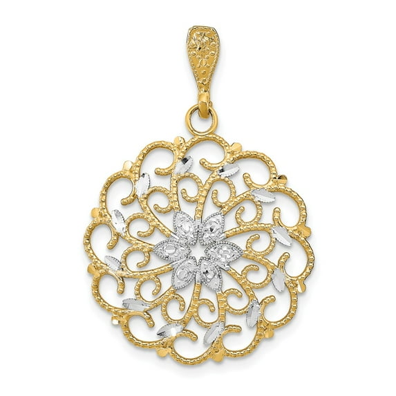 FB Jewels 14k White and Yellow Two Tone Gold Scalloped Wave with white Center and Accents Diamond-Cut Pendant