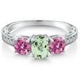 thumbnail image 3 of Gem Stone King 925 Sterling Silver 3-Stone Ring Oval Green Prasiolite and Pink Moissanite (1.87 Cttw, Size 5), 3 of 6