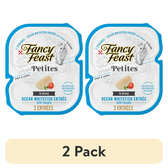 (2 pack) Purina Fancy Feast Petites Ocean Whitefish Entree with Tomato in Gravy Gourmet Wet Cat Food Pate, 1.4 oz Tubs