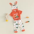 thumbnail image 5 of RMGVDSD Baby Girl Clothes Baby Girls Easter Outfit Cartoon Rabbit Print Short Sleeve Romper Bodysuit Pants Hat Three Piece Set Summer Fashion Girls Clothes, 5 of 9