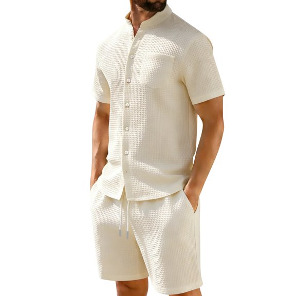 Uwinwear Men's Summer Outfits Sets Big And Tall Waffle Knit Mock Neck Short Sleeve Shirt and Drawstring Shorts Set Casual 2 Piece Outfit,Beige,XXL