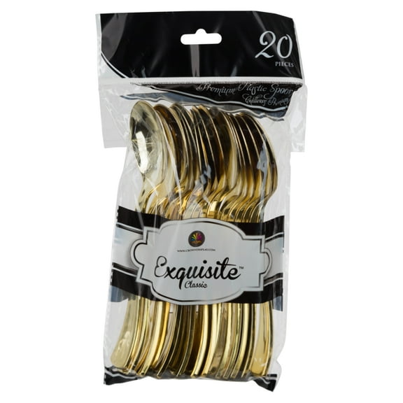 Exquisite Premium 7.75" Gold Plastic Silverware - Heavy Duty Cutlery - Plastic Soup Spoons - 20 Ct