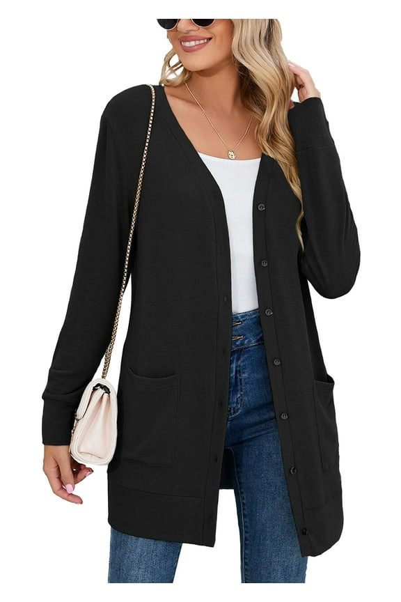 Women Lightweight Cardigan Long Sleeve Button Down V Neck Casual Lightweight Knit Sweater Open Front Cardigan, US Size Medium, Black