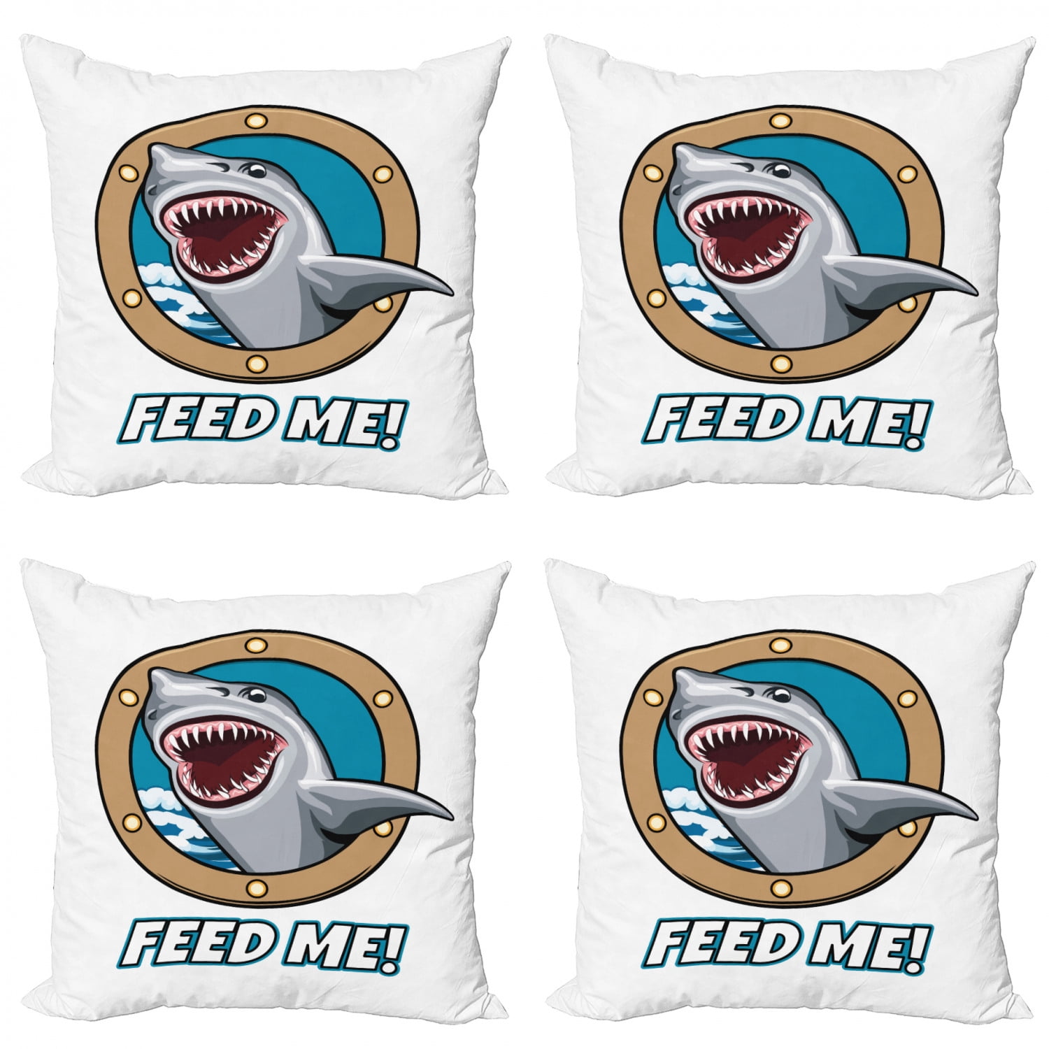 Shark Throw Pillow Cushion Case Pack Of 4 Funny Vintage Feed Me Words Hungry Hound Mammal Head 