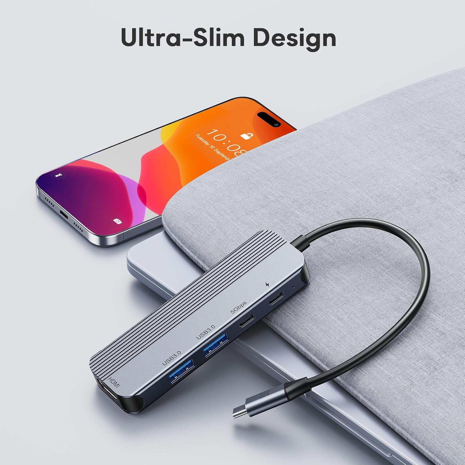 GUSGU USB C Hub with 4K HDMI (5-in-1 Gray), 2*USB 3.0, 5Gbps Type C Port, PD Charging