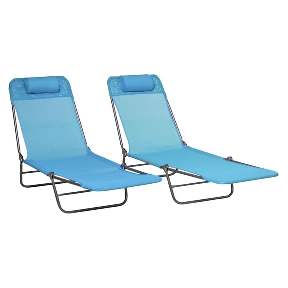 Folding Chaise Lounge Chairs Set of 2, Outdoor Sun Tanning Chairs with Pillow, Reclining Back, Breathable Mesh for Beach & Patio - Blue