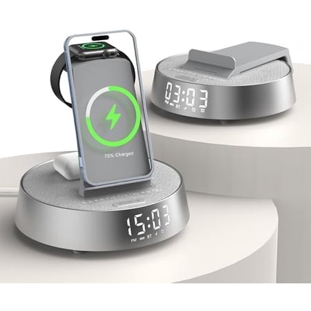 Alarm Clock with Wireless Charging Stat, Clock for Bedroom with Night Light Bluetooth Speaker, Wireless Charger Dock Stat for iPhone 17 16 15 14 13 12 Pro Max, Apple Watch 11, AirPods 3 (Grey)