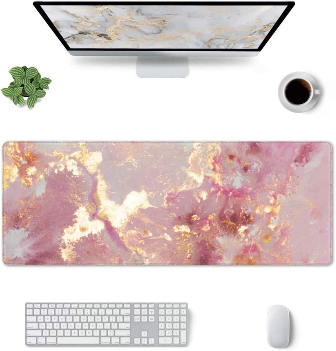 Large Mouse Pad for Desk Mat, Marble Gaming Mousepad, Laptop Pad, Big Extended Deskpad Keyboard Pad with Stitched Edges, Non Slip Base XL Mousepad for Women Office Pink and Gold 31.5 x 11.8In