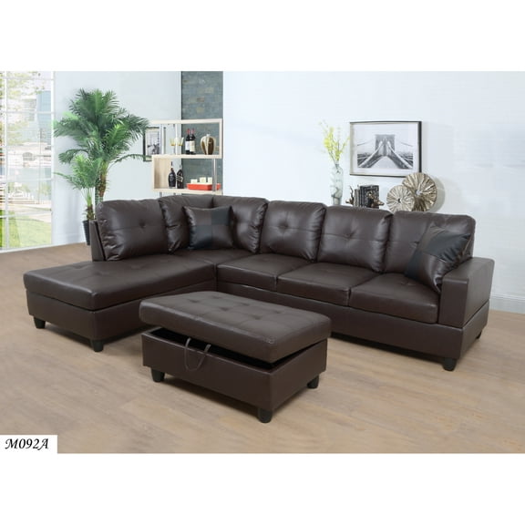 3 Pc Sectional Sofa Set, (Brown) Faux Leather Left -Facing Chaise With Free Storage Ottoman