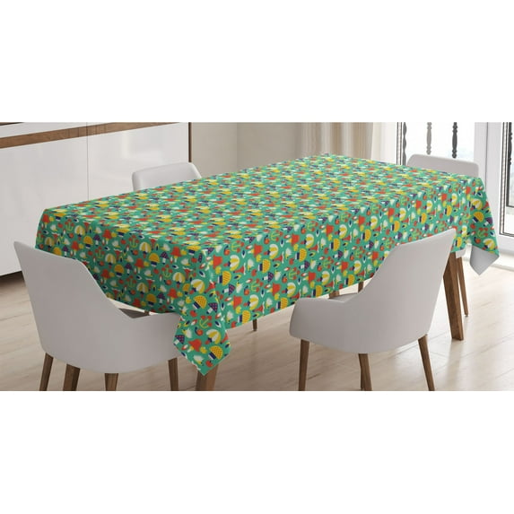 Mushroom Tablecloth, Continuous Composition of Hedgehog Apple Snail Cartoon Print, Rectangle Satin Table Cover Accent for Dining Room and Kitchen, 60" X 90", Dark Seafoam and Multicolor, by Ambesonne