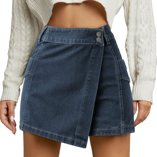 Gibobby faldas largas Casual cintura alta una línea falda botón Mini falda vaquera con bolsillo(Azul, XXL)