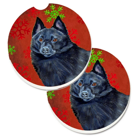 Schipperke Red and Green Snowflakes Holiday Christmas Set of 2 Cup Holder Car Coasters