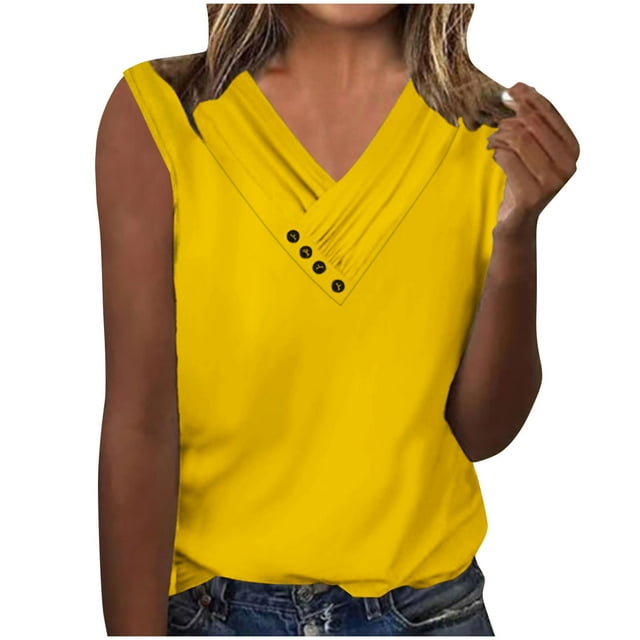 FAIWAD Women V Neck Button Down Tops Solid Color Ruched Loose Sleeveless Blouses Basic Dressy 2024 Clothes