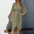 thumbnail image 2 of Women Plus Size Dresses Summer Casual A-Line Short Sleeve V-Neck Irregular Hem Vacation Long Dresses for Women Beach Fashion Army Green L, 2 of 10