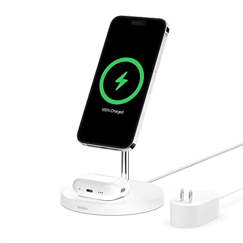 Pre-Owned Belkin BoostCharge Pro MagSafe 2-in-1 - Wireless charging stand + AC power adapter - 15 Watt - Fast Charge - white - for Apple AirPods; AirPods Pro; iPhone 12, 12 mini, 12 Pro, 12 Pro Max