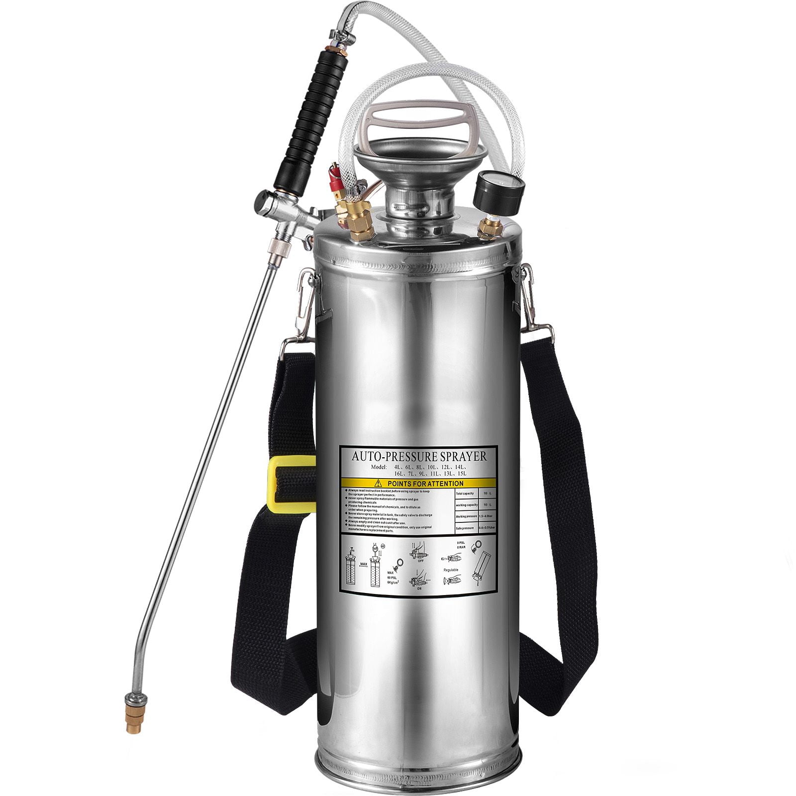 3 Gallon Stainless Steel Sprayer, 1.5-4.0 Bar Pressure, Adjustable Brass Nozzle, Pressure Gauge, Shoulder Strap for Garden Cleaning