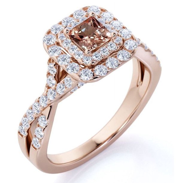 JeenMata Anillo de Compromiso Elegante de Oro Rosa de 18 K sobre Plata con Morganita Creada en Corte Cuadrado de 1 Quilate, Banda Retorcida, Pavé y Doble Halo