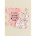 thumbnail image 2 of Baby Girl Summer Outfits 0 3 6 Months Letter Print Ribbed Lace Fly Sleeve Rompers Floral Print Bloomers Shorts Headband 3Pcs Clothes Set, 2 of 9