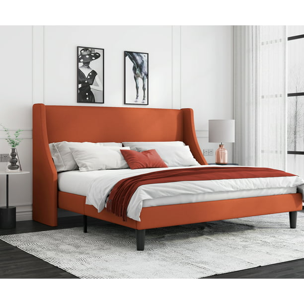 Fabric Upholstered Platform Bed Frame, Red King Size Platform Bed