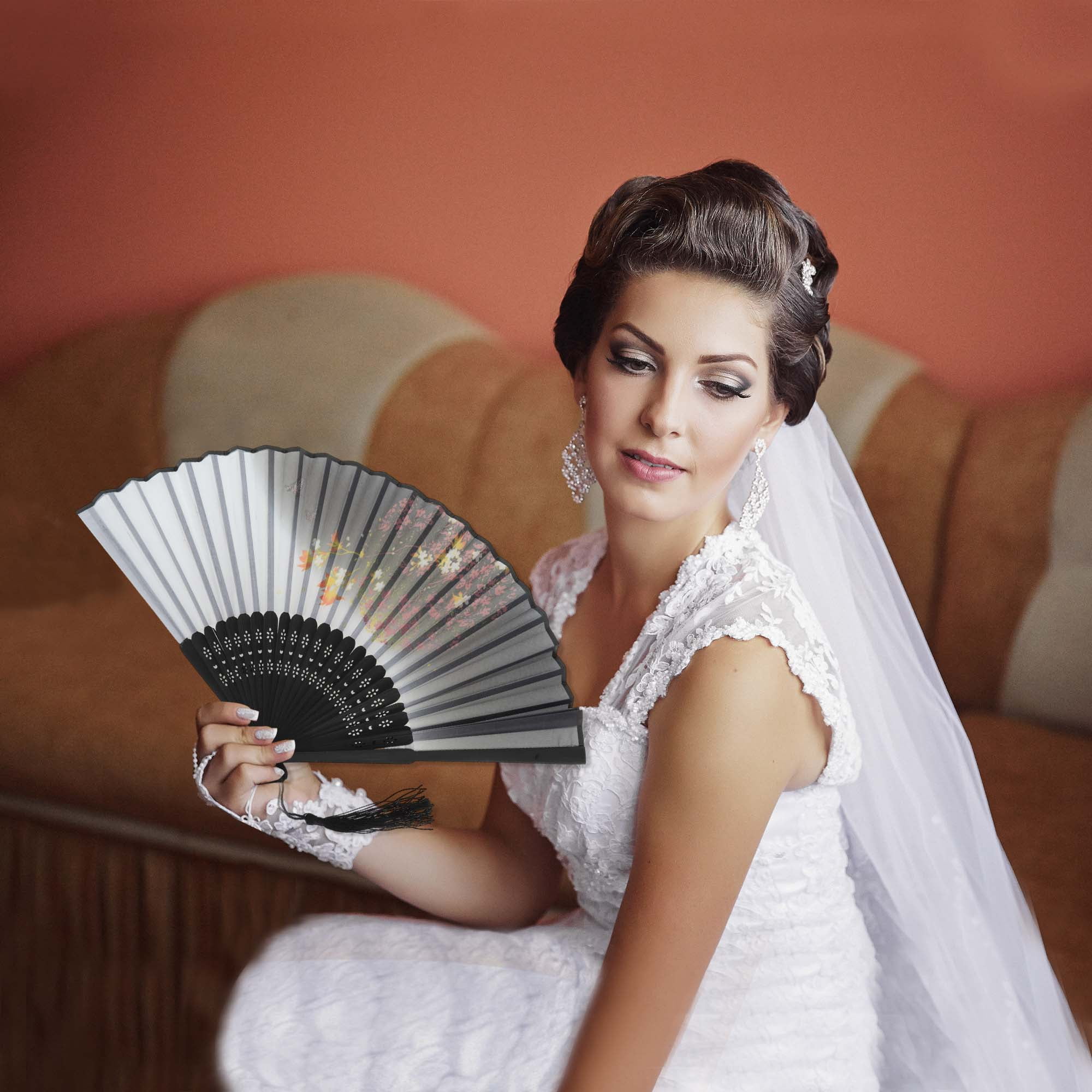 Unique Bargains Folding Fan 1Pc White Gray Ink Wash Flaming Maple Leaves Style