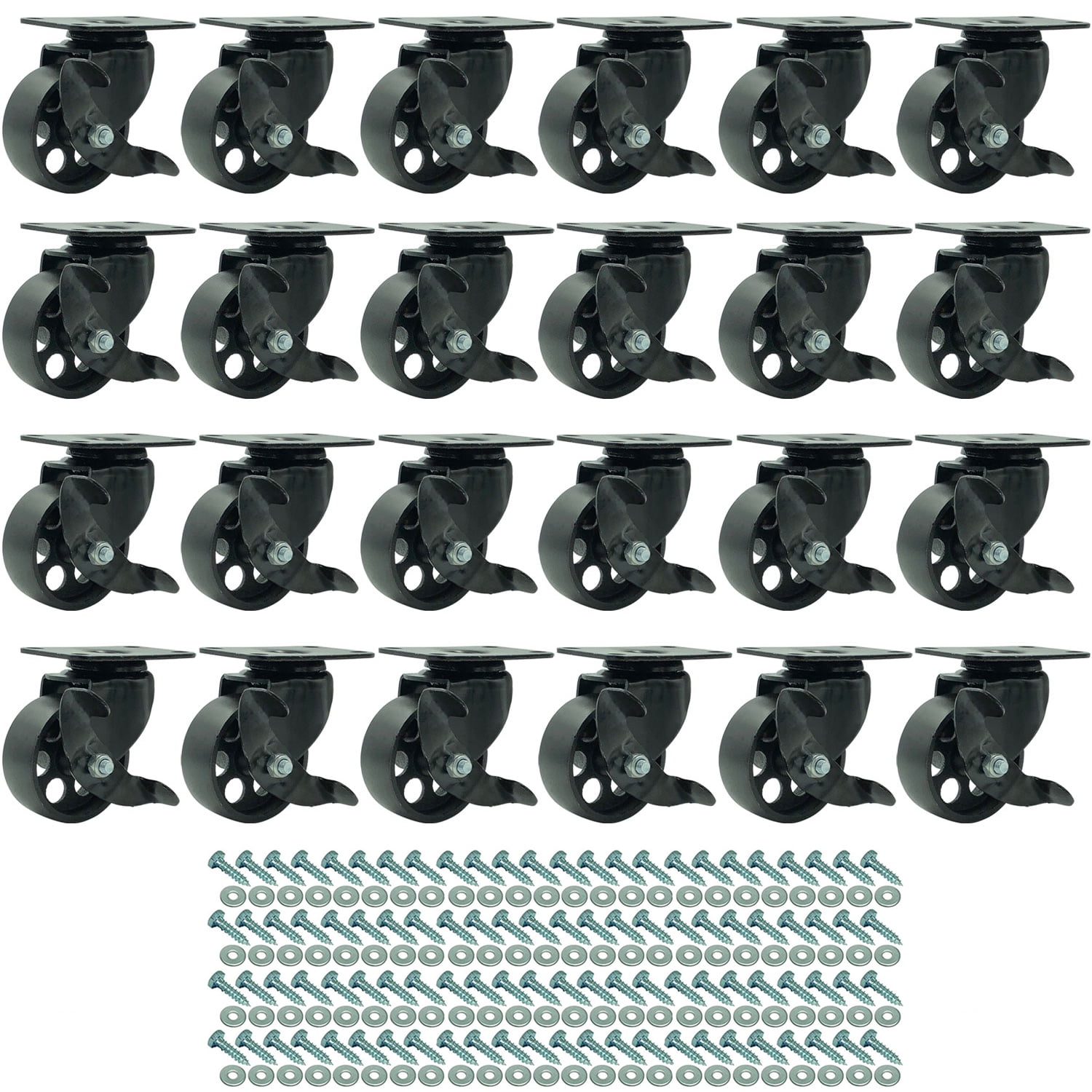 24 All Black Metal Swivel Plate Caster Wheels Heavy Duty 3" No Brake 