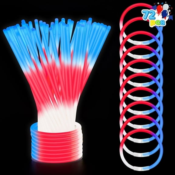 Joyfy 72 Pcs July 4th Glow Sticks, Three-Color Glow Sticks with Connectors for Kids and Adults to Make Bracelets and Necklaces