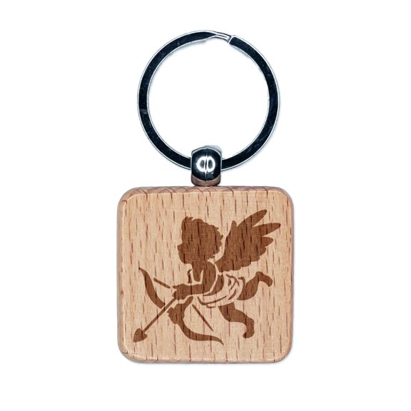Valentine Cherub Cupid with Bow and Arrow Square Keychain Charm Tag - Engraved Wood