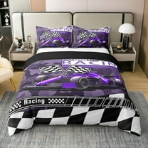 2PCS Camouflage Racing Duvet Cover Twin, Men Racing Car Gamer Comforter Cover with 1 Pillowcase,Cartoon Purple Race Car Bedding Set for Bedroom Decor, Sports Car Quilt Cover,Not Comforter