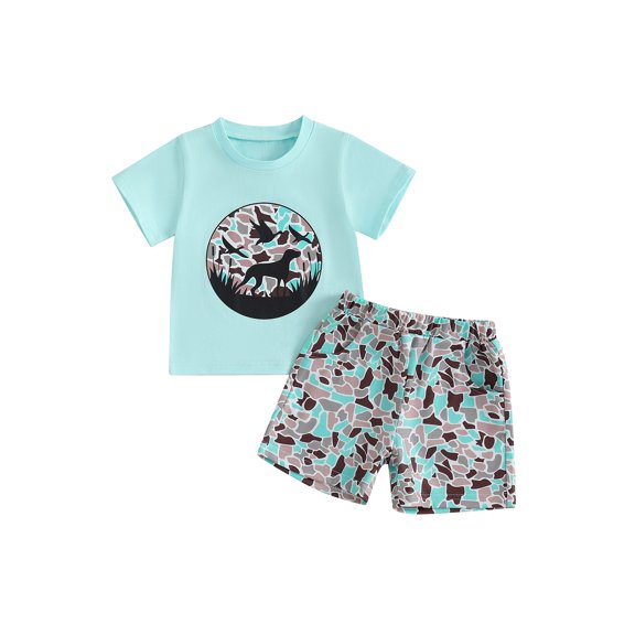 BemeyourBBs Toddler Baby Boy Hunting Clothes Cute Infant Baby Boys Summer Outfit Shorts Set Dot Bird Short Sleeve Tops Camo Elastic Waist Pockets Shorts Set
