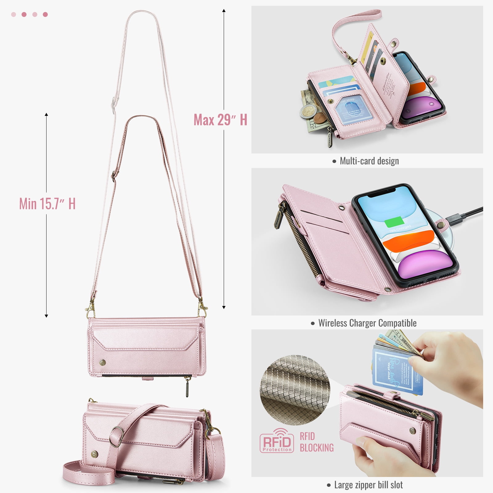 for iPhone 11 Full Body Protection Wallet Folio Flip Case, Shoulder Strap & Wristlet Card Slots Zipper Pocket RFID Blocking Rugged Durable PU Leather Phone Case Cover, Pink