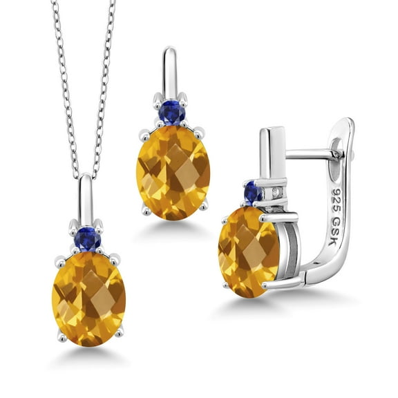 Gem Stone King 5.00 Ct Oval Checkerboard Yellow Citrine Blue Created Sapphire 925 Silver Pendant and Earrings Jewelry Set