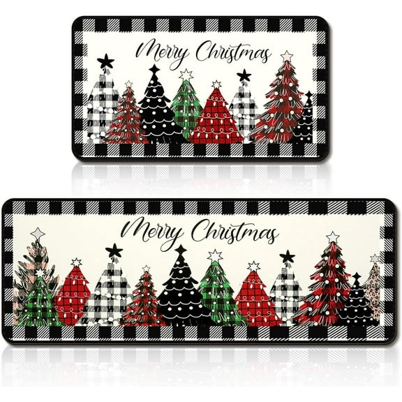 2 Pcs Merry Christmas Kitchen Rugs Sets Farmhouse Kitchen Floor Mat Buffalo Plaid Xmas Tree Non Slip Rugs Winter Xmas Mat Decor for Home 17 x 29 Inch and 17 x 47 Inch(Black White Plaid)