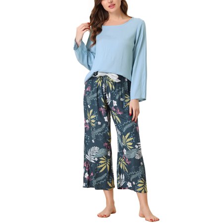 

Unique Bargains Womens 2pcs Long Sleeve Capri Pants Floral Lounge Pajama Sleepwear Sets
