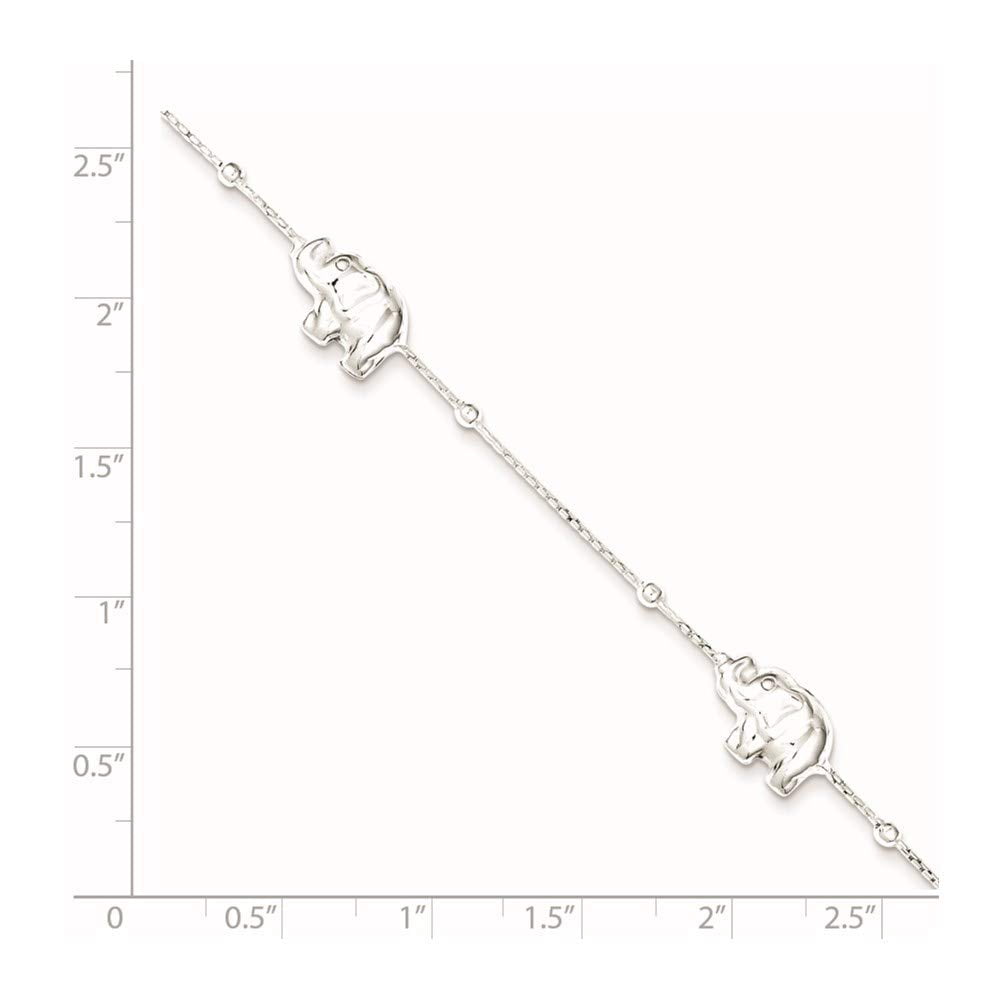 925 Sterling Silver 8mm Polished Elephant Chain Anklet with 2in Extender Length