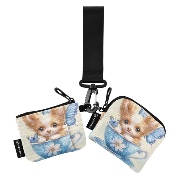 Portable Coin Purse Two 4.13x4.13 Iinches 4.13x3.5 Inches Wrist Coin Purse Keys Coin Purse Portable Women's Purse Teacup Yellow Puppy