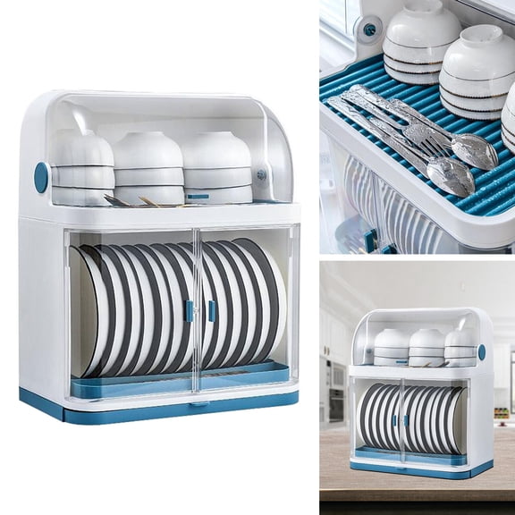 Denest 2 Tier PP ABS Dish Drying Rack Kitchen Shelf Cutlery Drain Board W/ Lid Cover