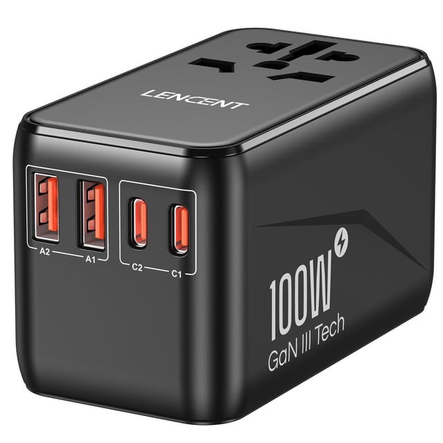 LENCENT Adaptador Universal de Viaje, GAN III 100W Adaptador Internacional con 2 USB QC4.0&2 USB-C P